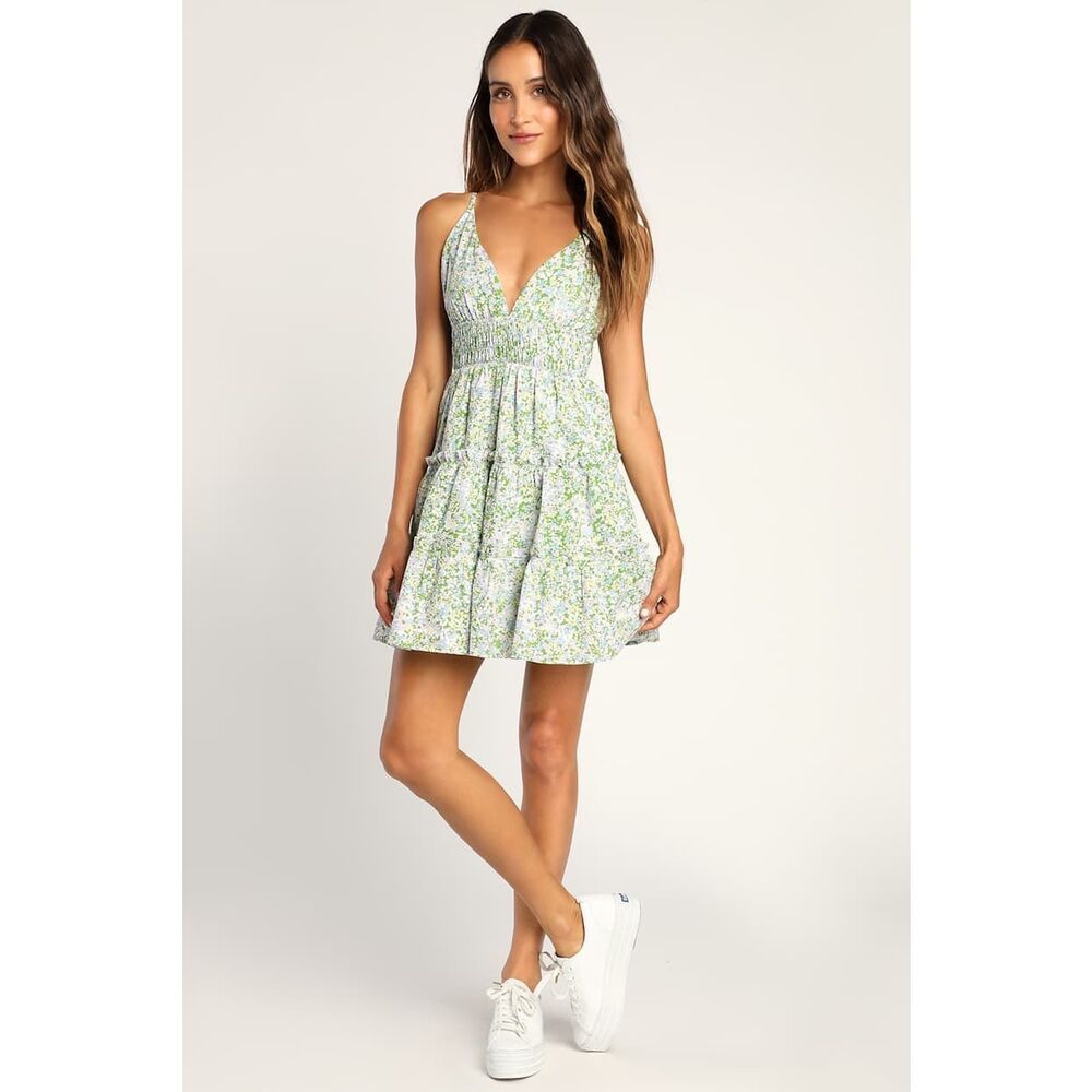 Lulus Tier to Play Green Multi Floral Print Tiered Smocked Mini Dress Size L